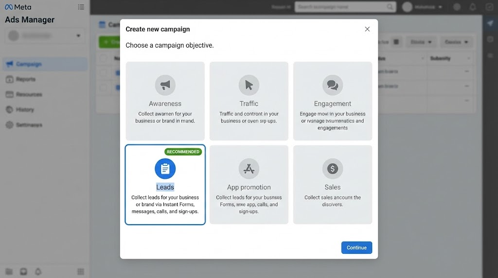 Facebook Ads campaign objective selection screen