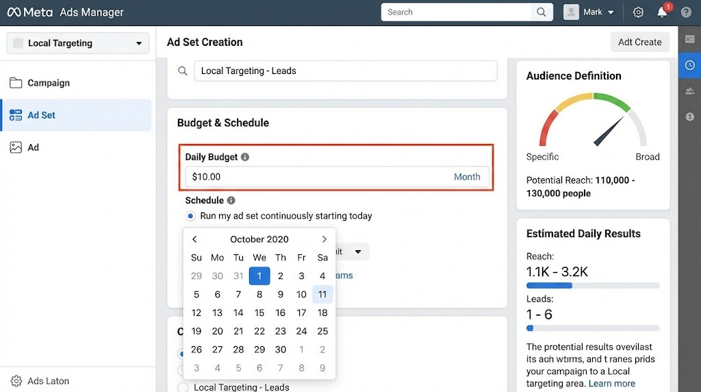 Facebook Ads budget settings screen showing daily budget options