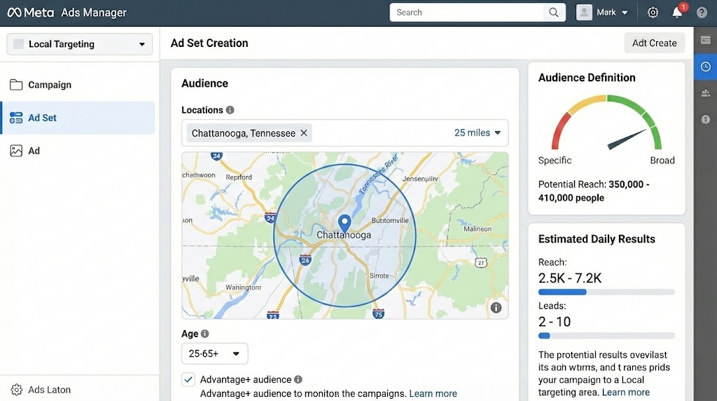 Facebook Ads location targeting with map showing radius around city