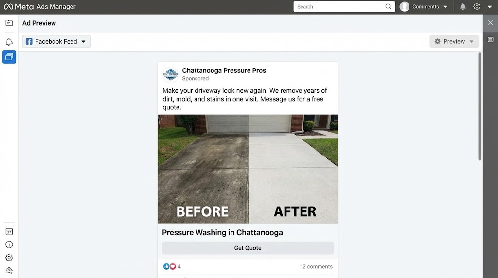 Example Facebook ad preview showing image, headline, and call to action