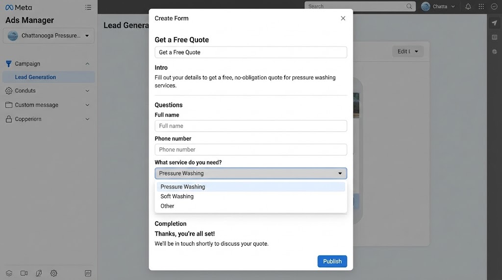 Facebook lead form showing name, phone, and custom question fields