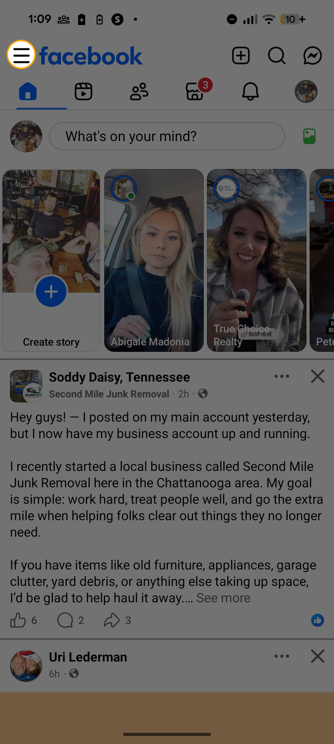 Facebook app with menu icon (three lines) highlighted in the top-right corner