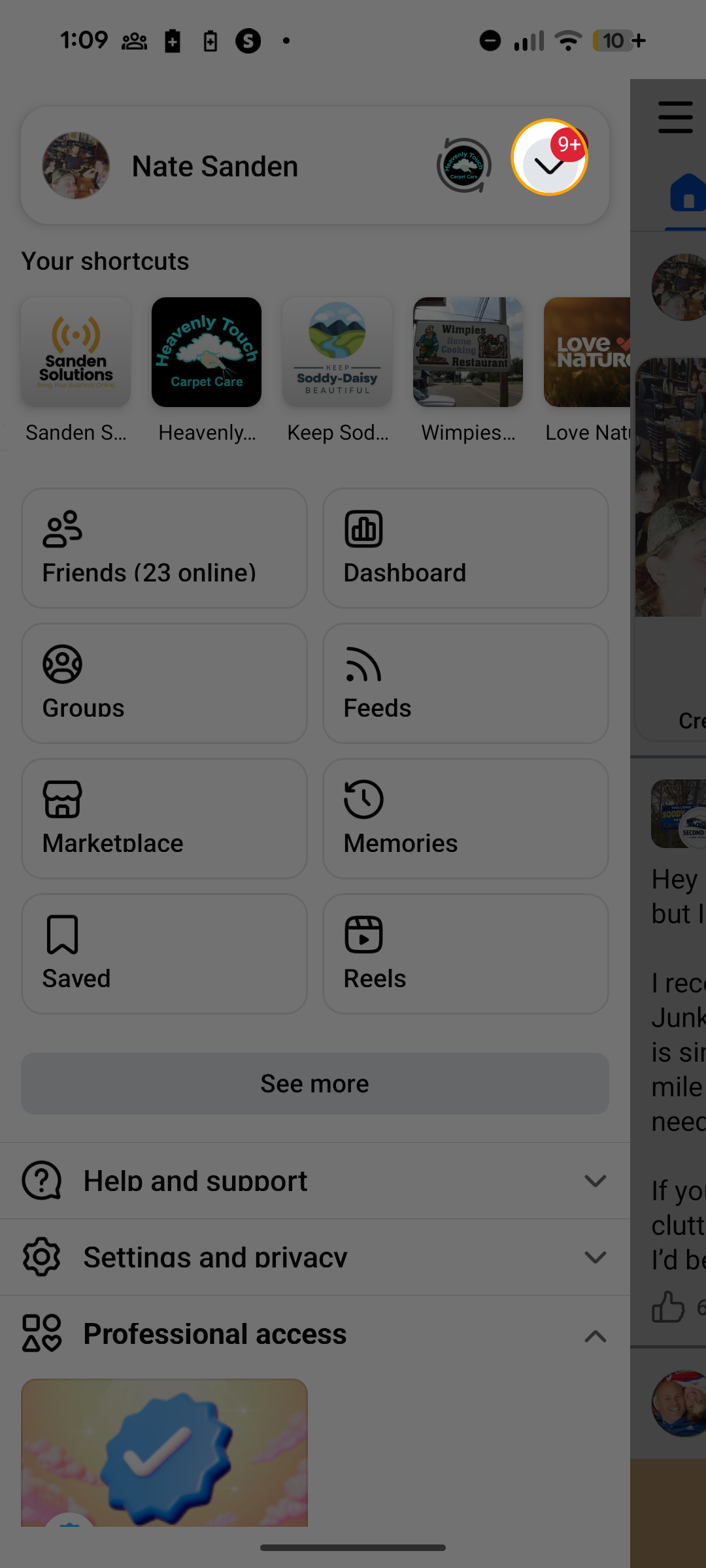 Facebook menu with dropdown arrow next to profile name highlighted