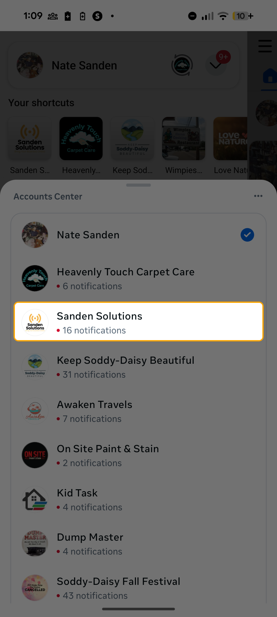 Accounts Center showing list of Pages with business page highlighted