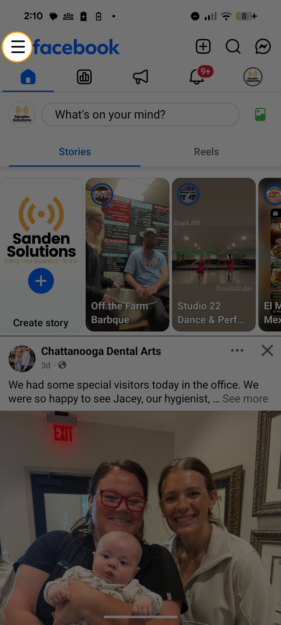 Facebook page feed with hamburger menu icon highlighted in top-left