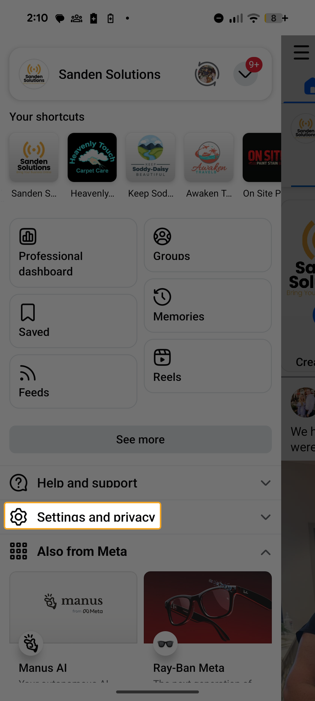 Facebook menu with Settings and privacy option highlighted