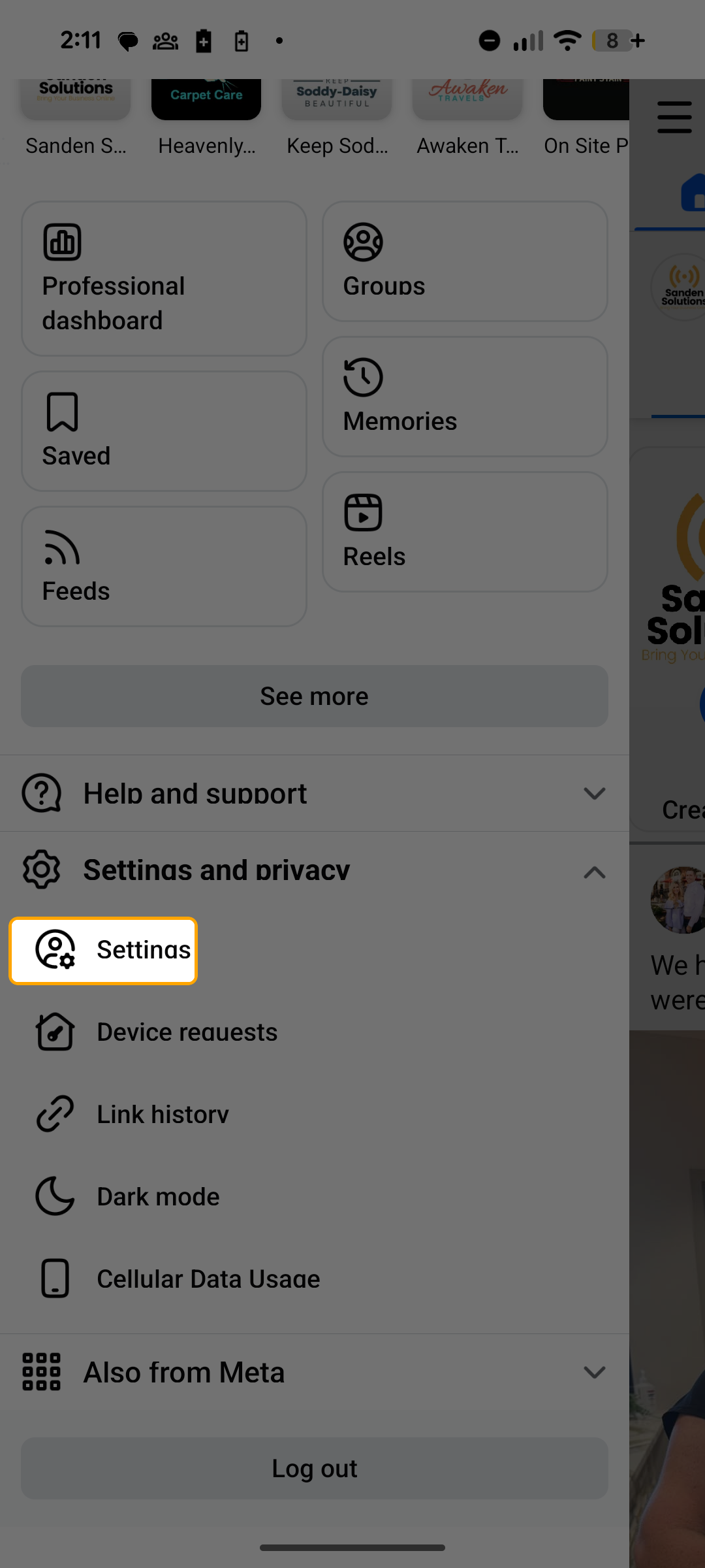 Settings and privacy expanded showing Settings option highlighted