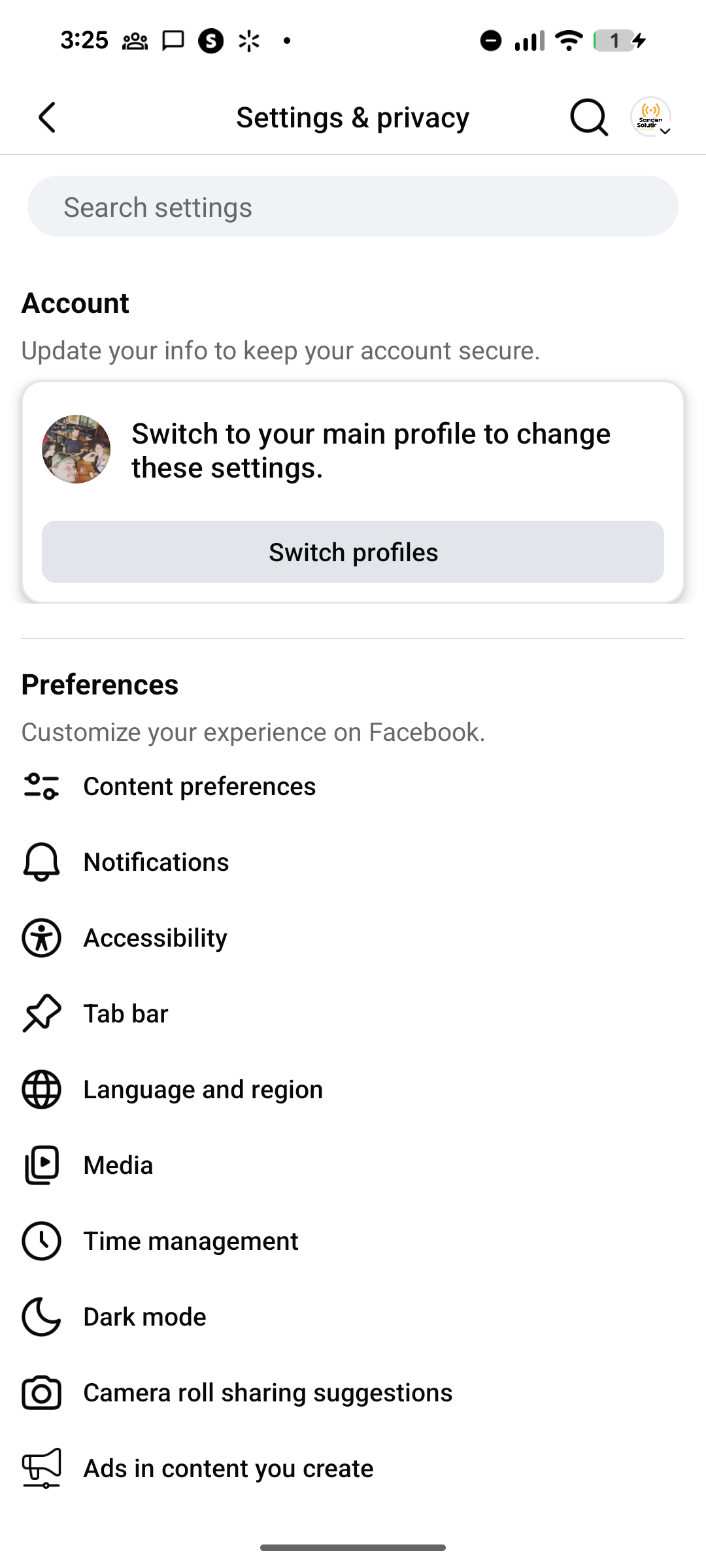 Facebook Settings page showing Audience and visibility section