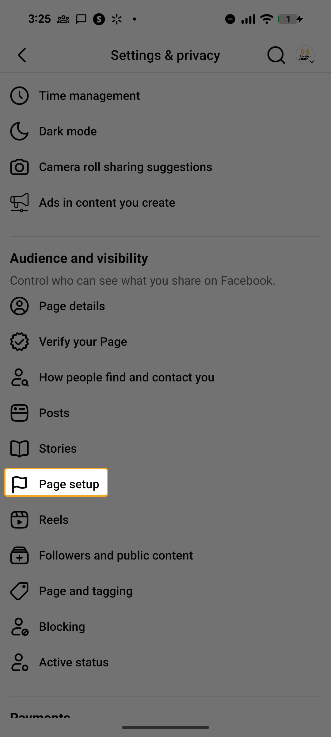 Settings page with Page setup option highlighted