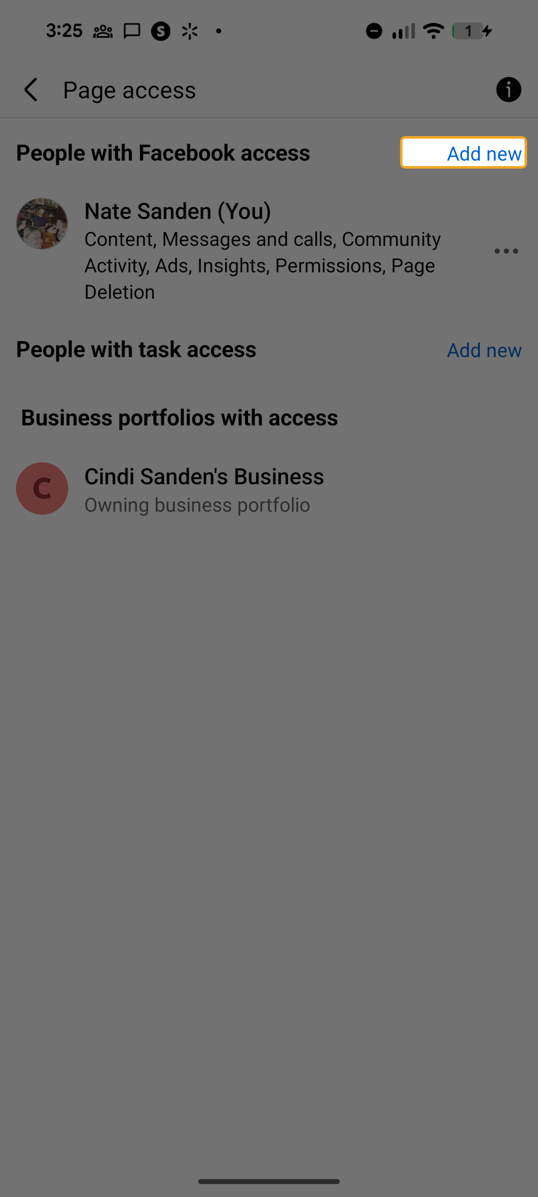 Page access screen with Add new link highlighted