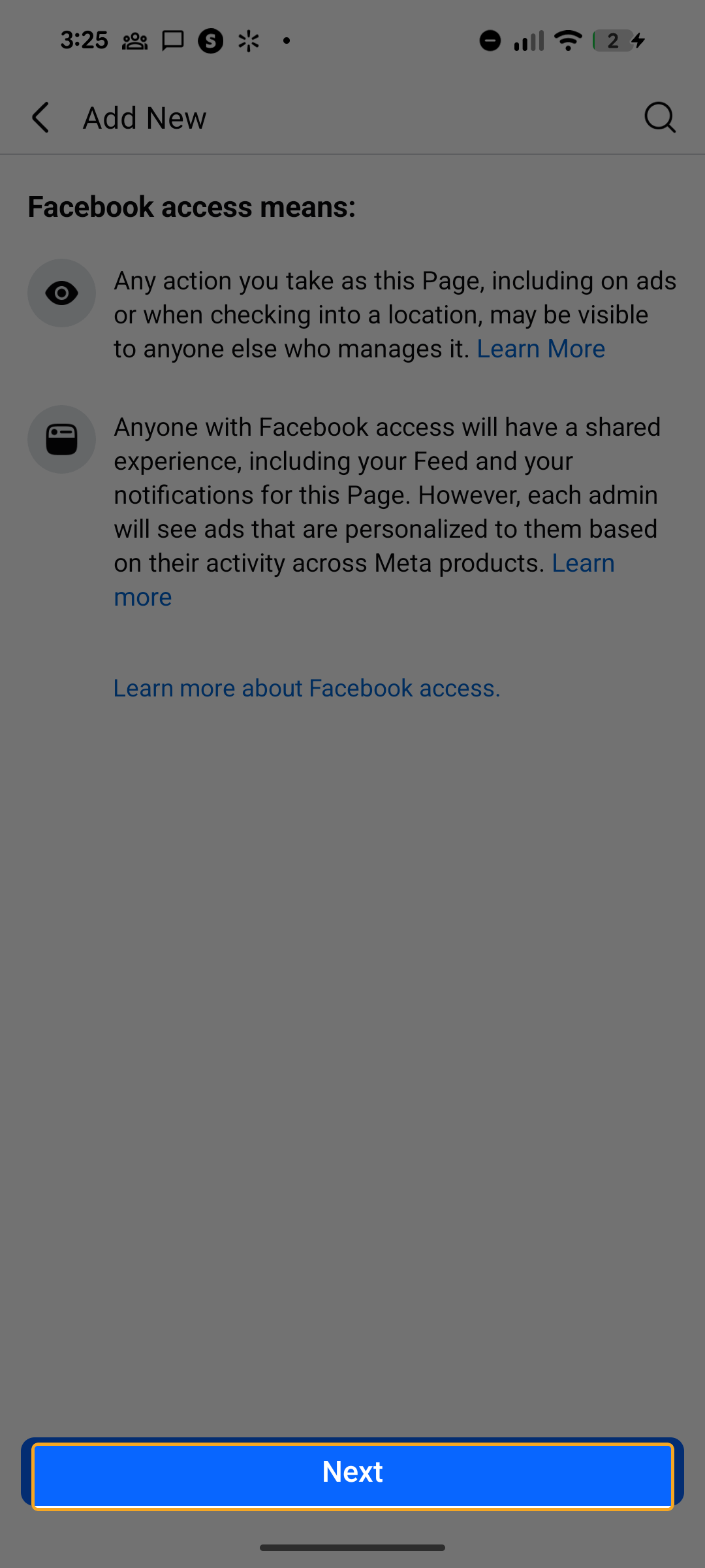 Facebook access explanation screen with Next button highlighted