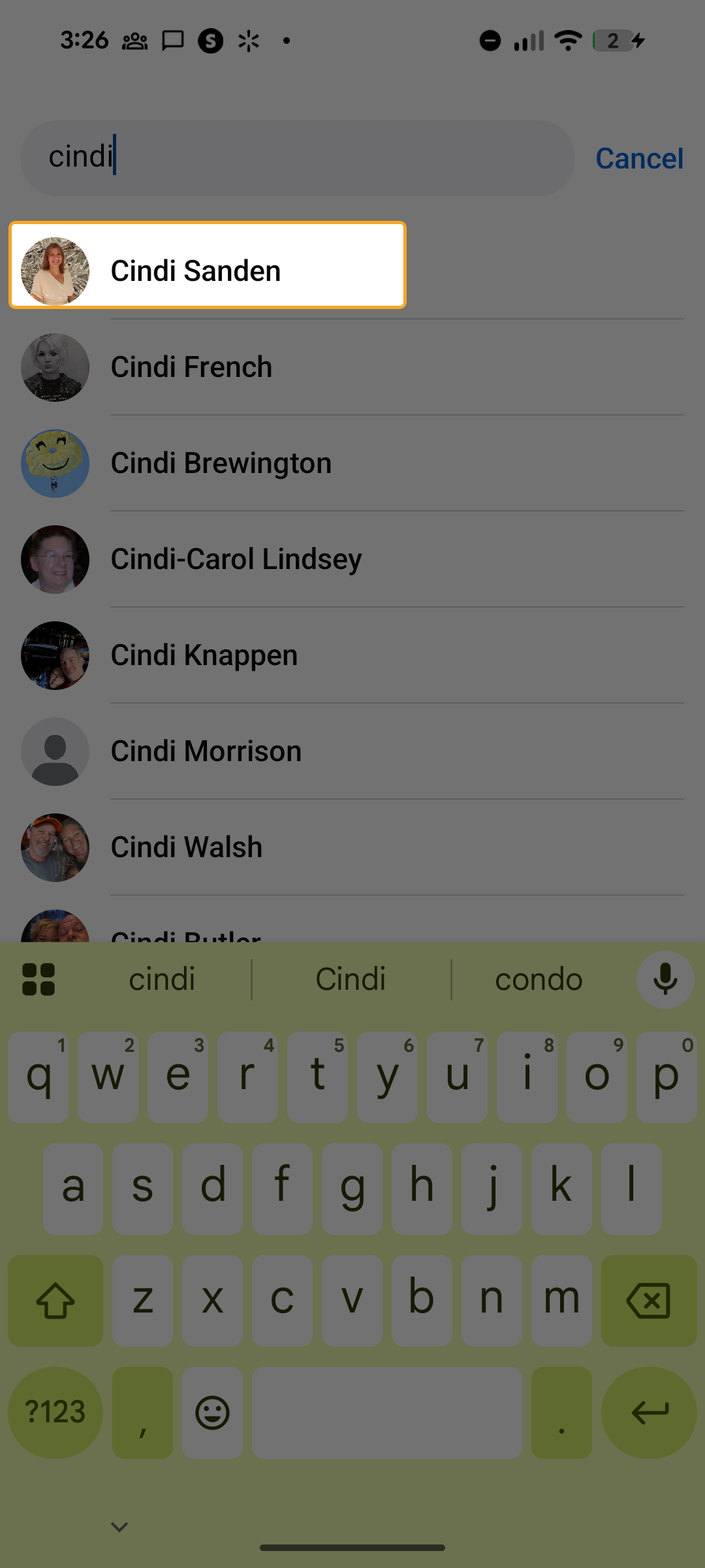 Search results showing person's name highlighted