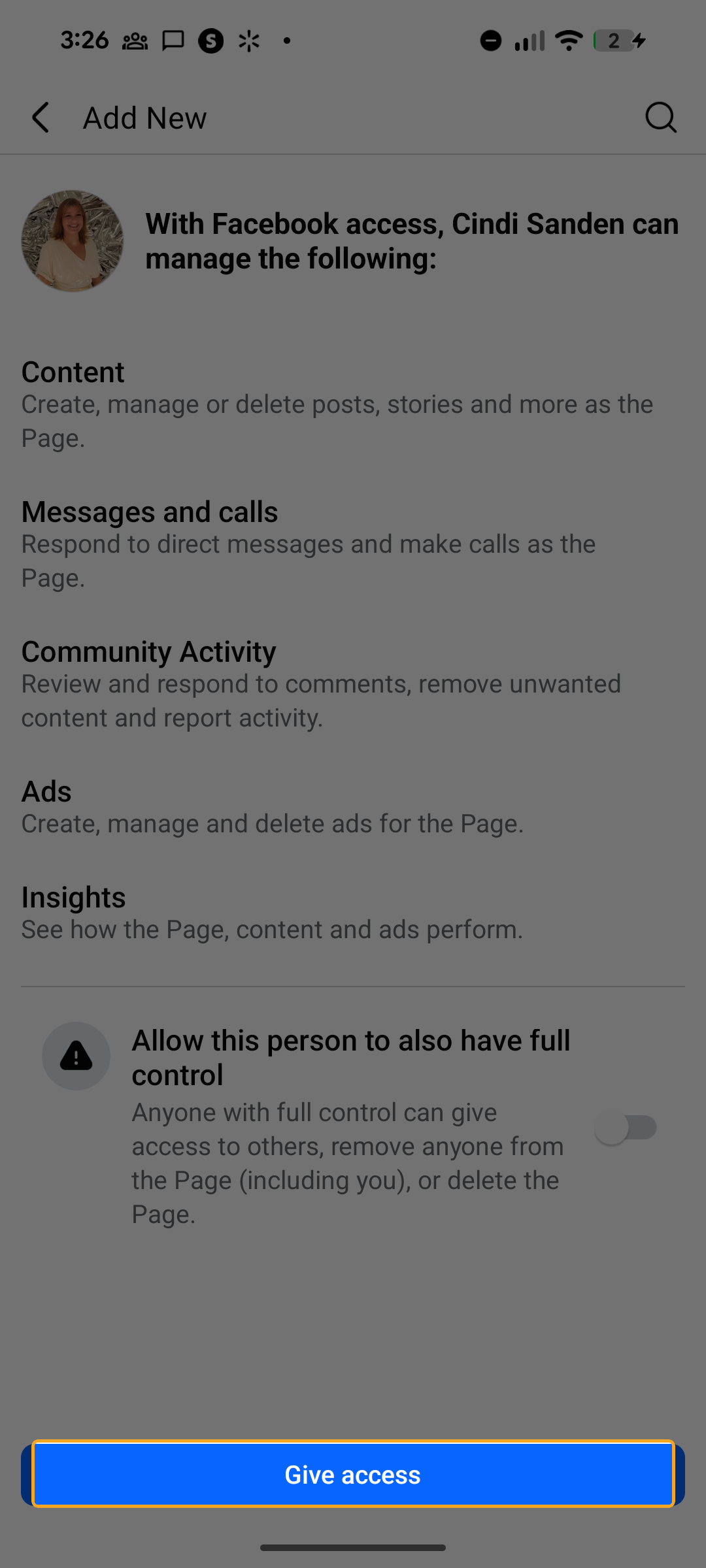 Permissions screen with Give access button highlighted