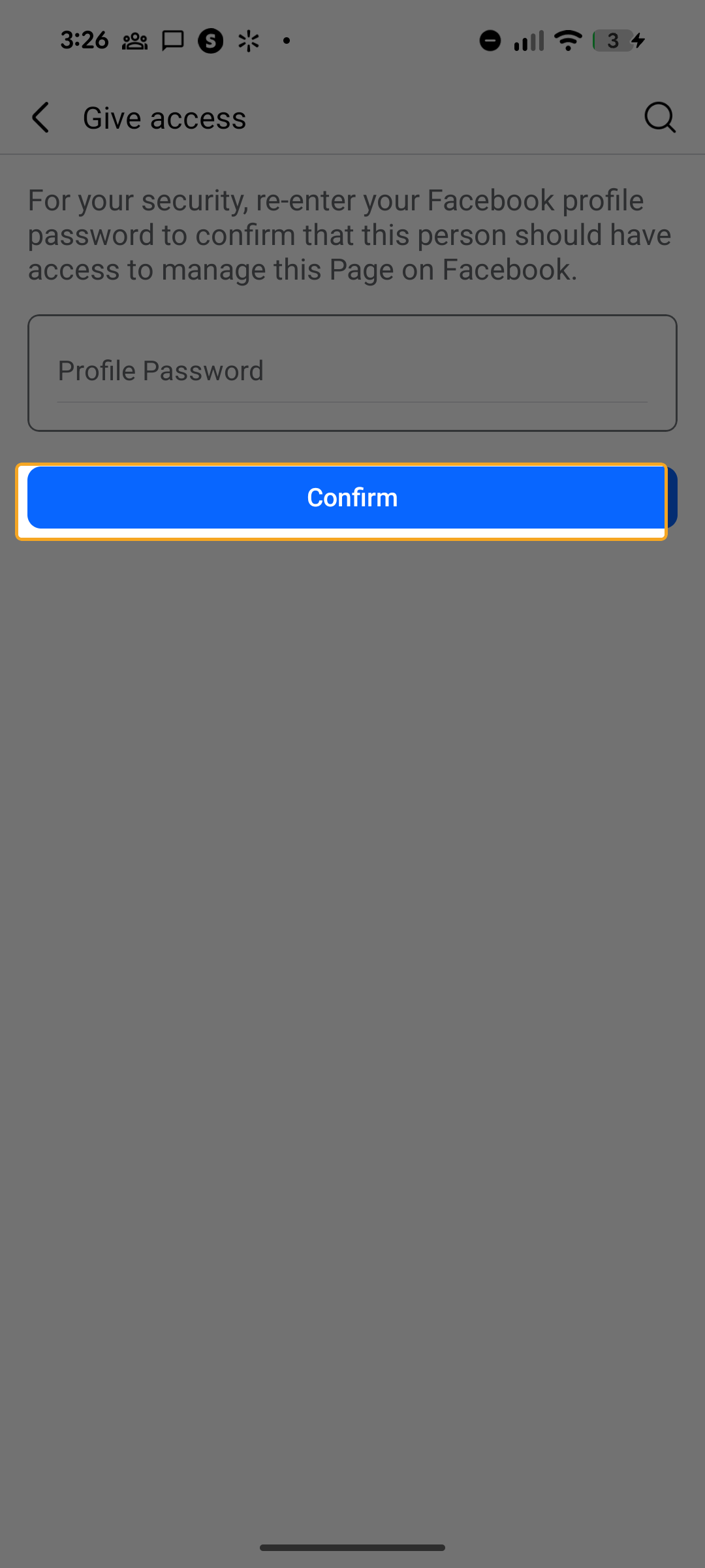 Password confirmation screen with Confirm button highlighted