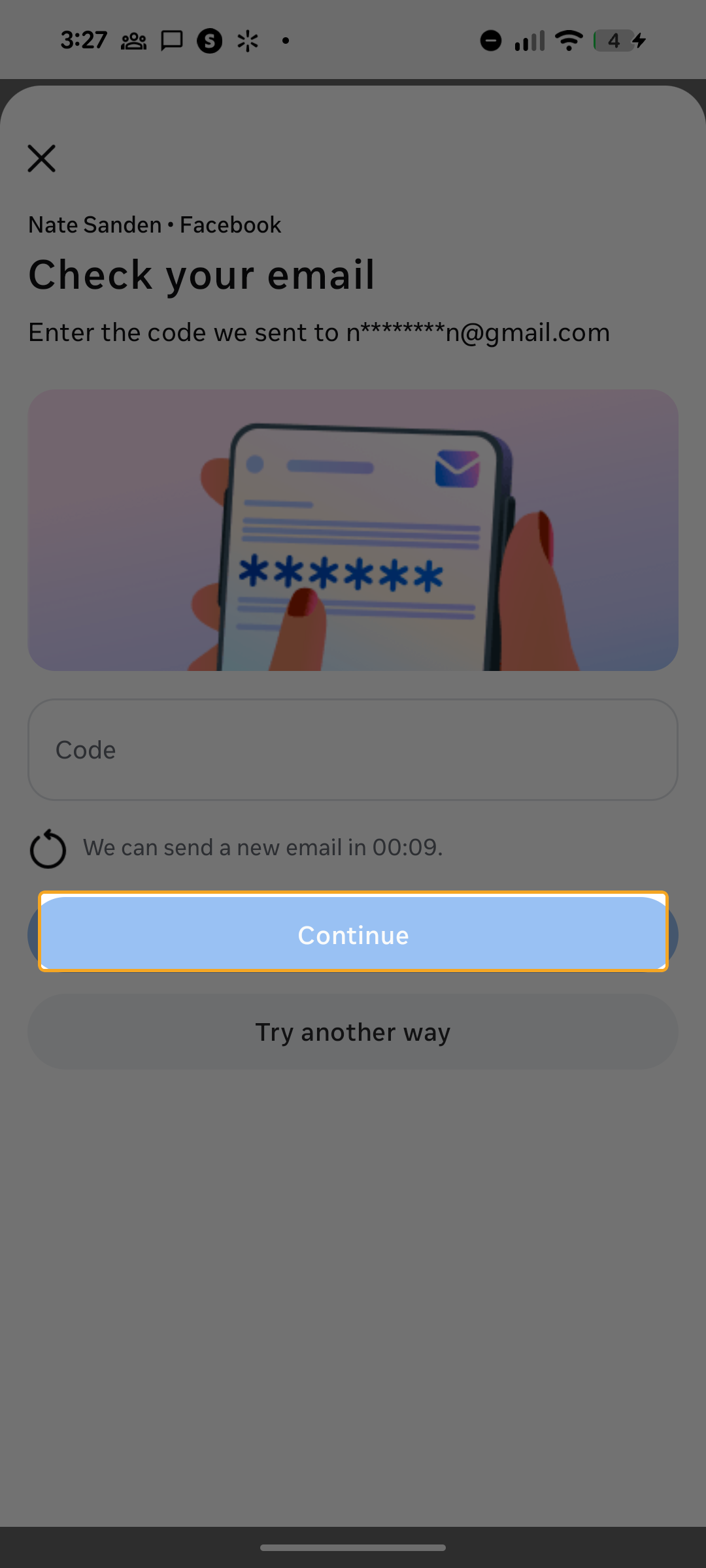 Email verification screen with Continue button highlighted