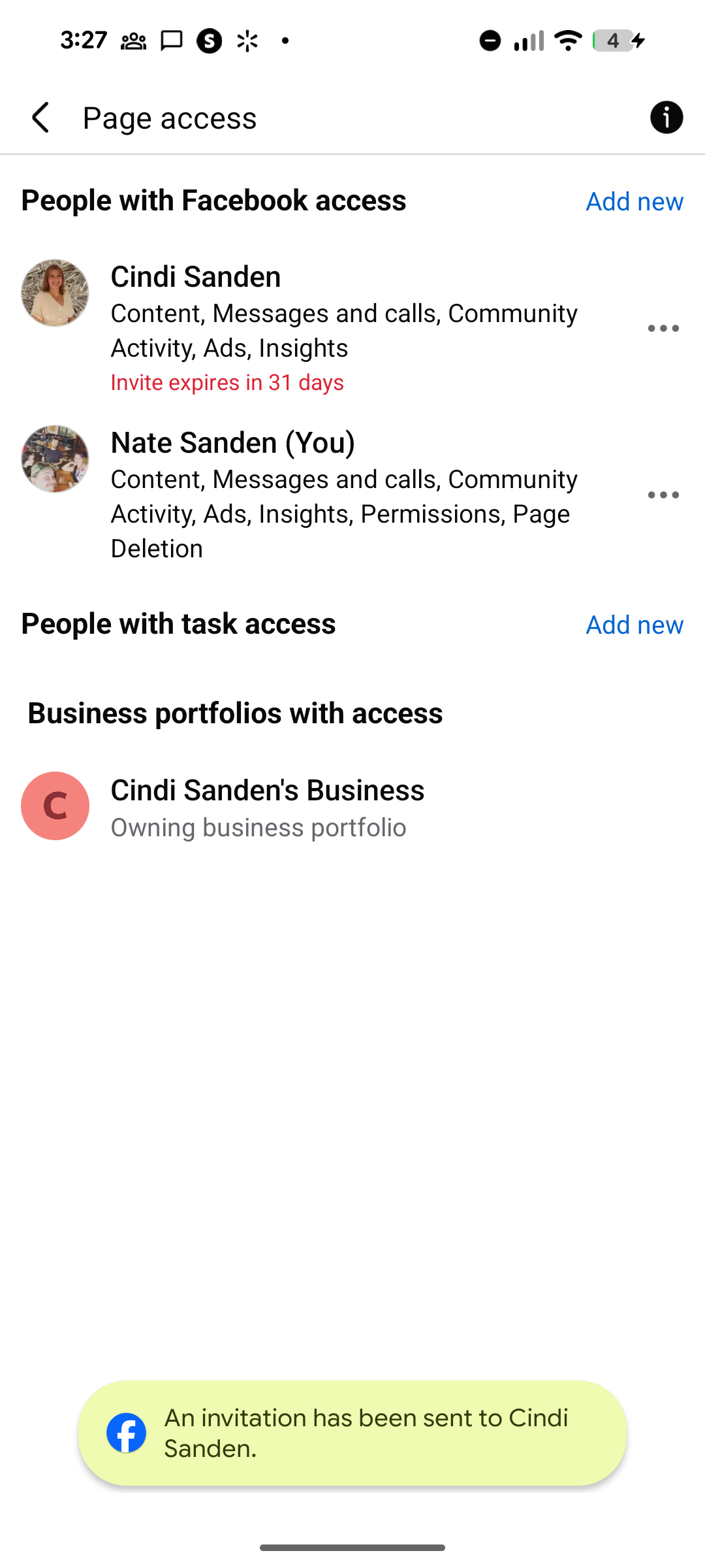 Page access screen showing newly added person with invite pending
