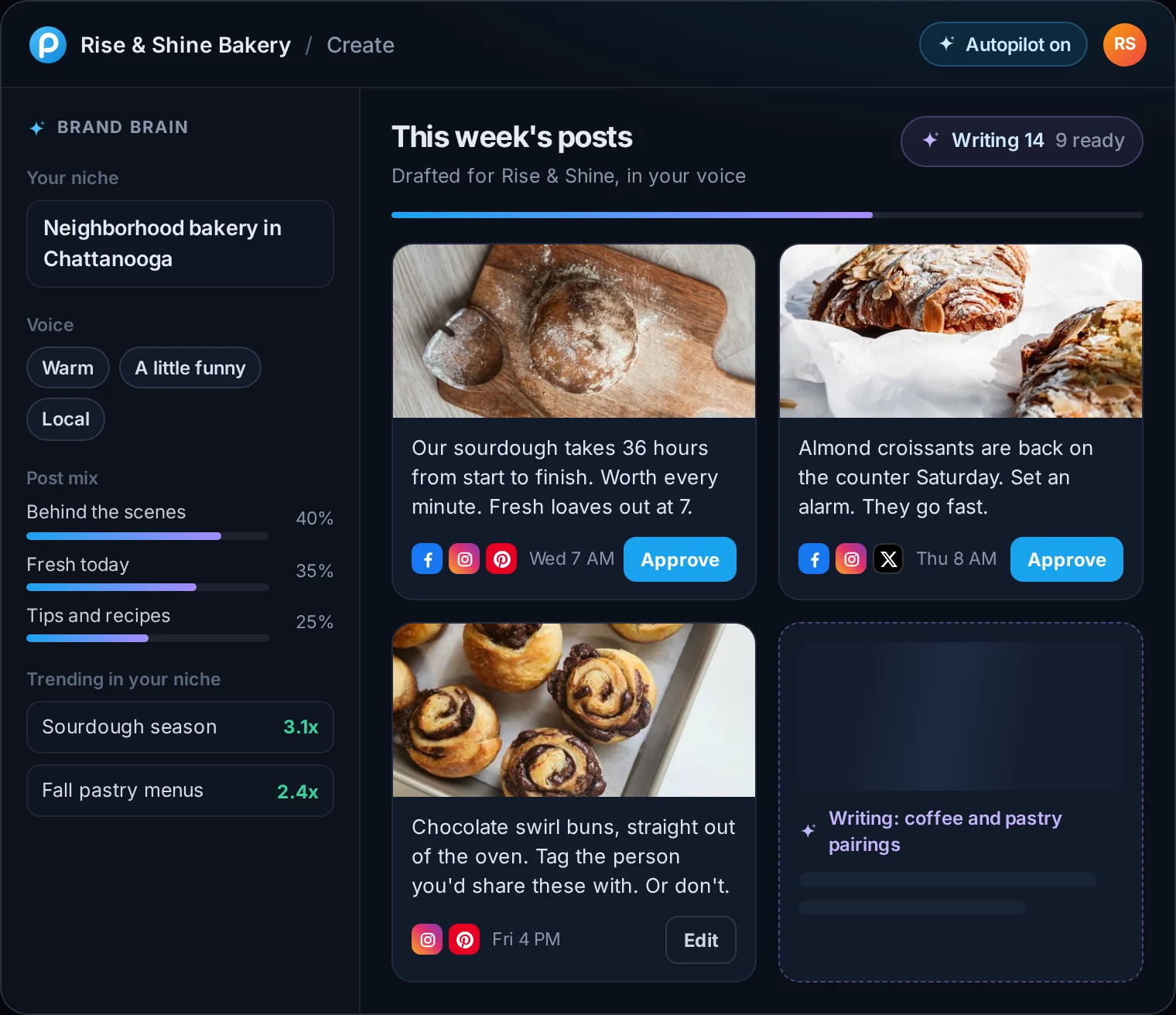 The Create screen: a bakery's niche and brand voice on the left, and a grid of drafted posts with photos, captions and Approve buttons on the right.