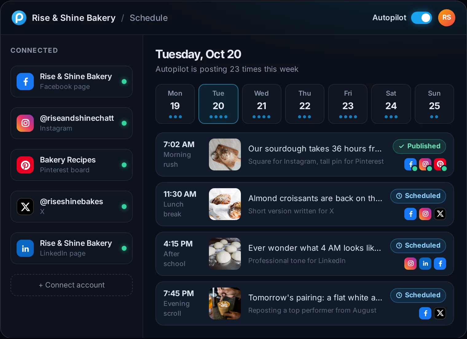 The Schedule screen: connected Facebook, Instagram, Pinterest, X and LinkedIn accounts, a week strip, and today's posts with published and scheduled times.